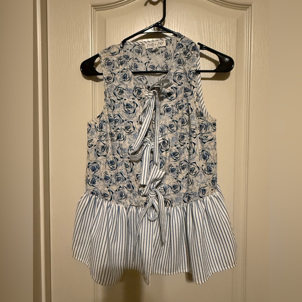 She + Sky Blue and White Floral Tie-Front Blouse